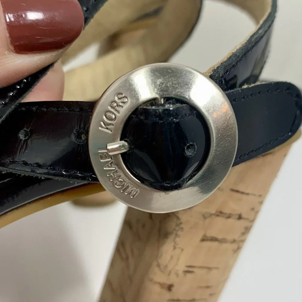 Michael Kors MK Black Patent Leather Strappy Cork Heels Women's Size 6M